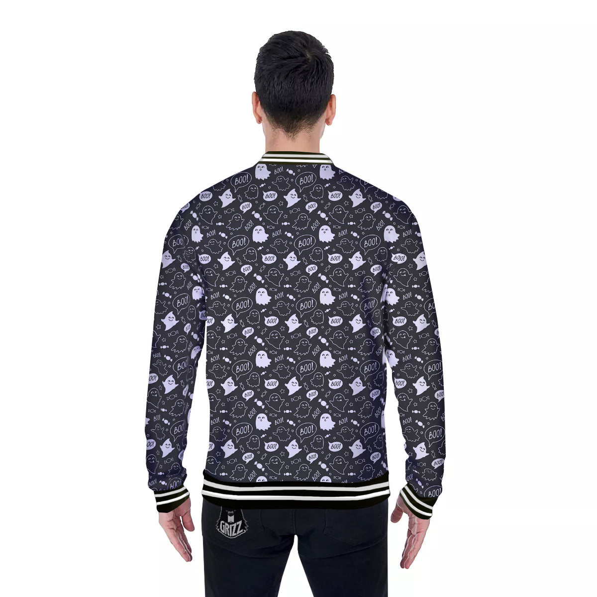 Black And White Ghost Boo Print Pattern Baseball Jacket-grizzshop