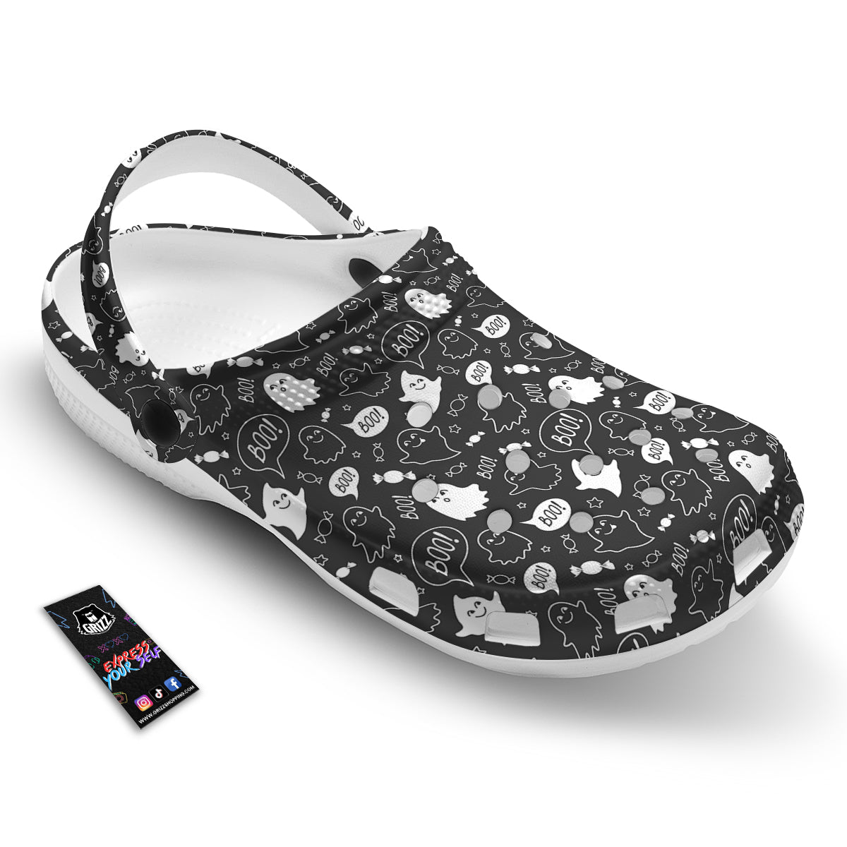 Black And White Ghost Boo Print Pattern Clog-grizzshop
