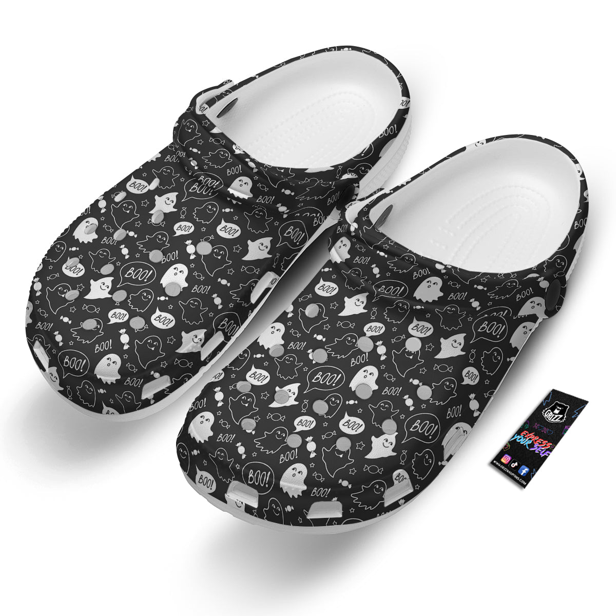 Black And White Ghost Boo Print Pattern Clog-grizzshop