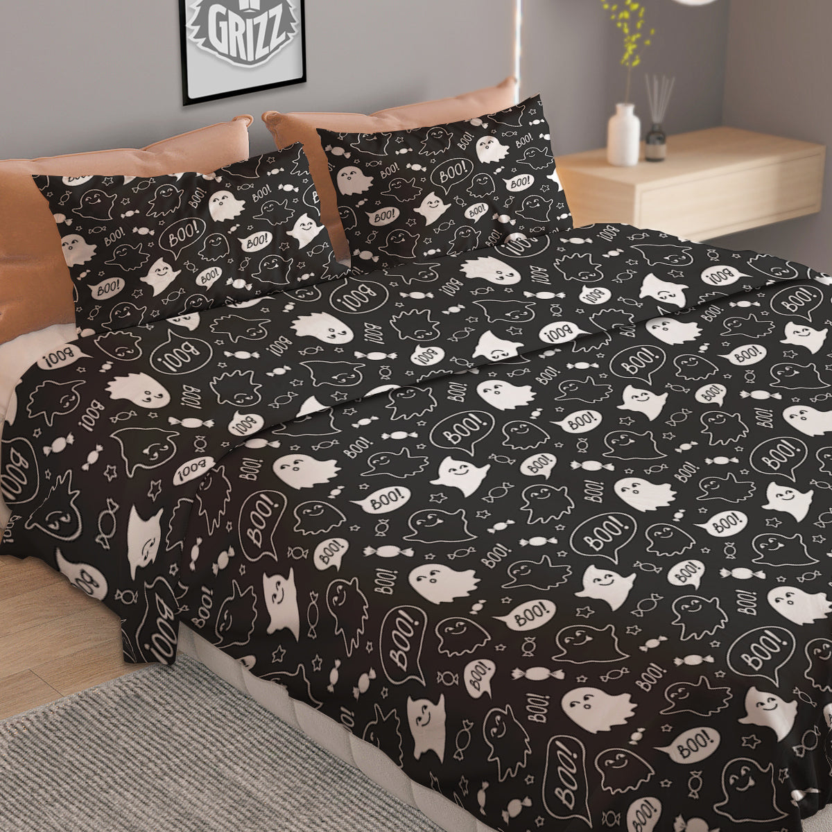 Black And White Ghost Boo Print Pattern Duvet Cover Bedding Set