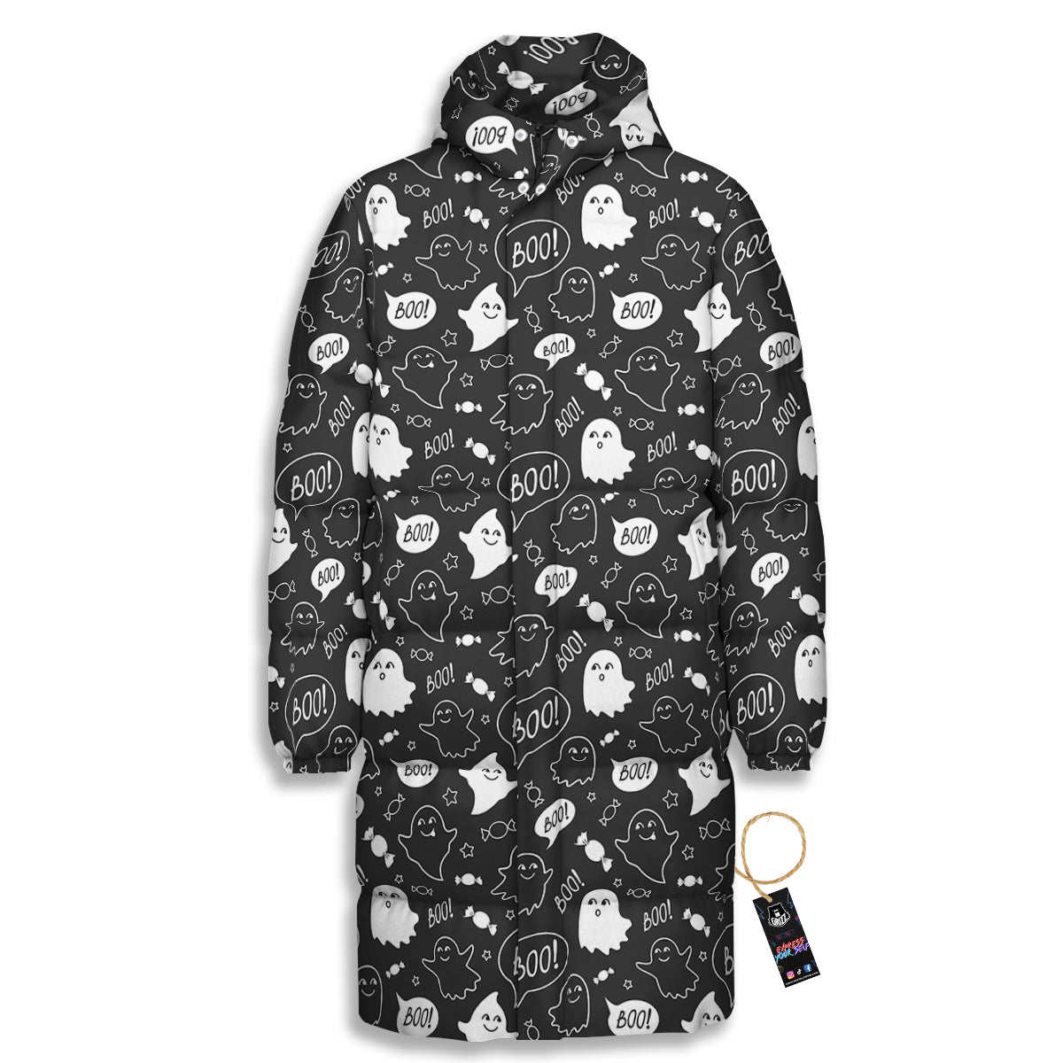 Black And White Ghost Boo Print Pattern Long Down Jacket-grizzshop