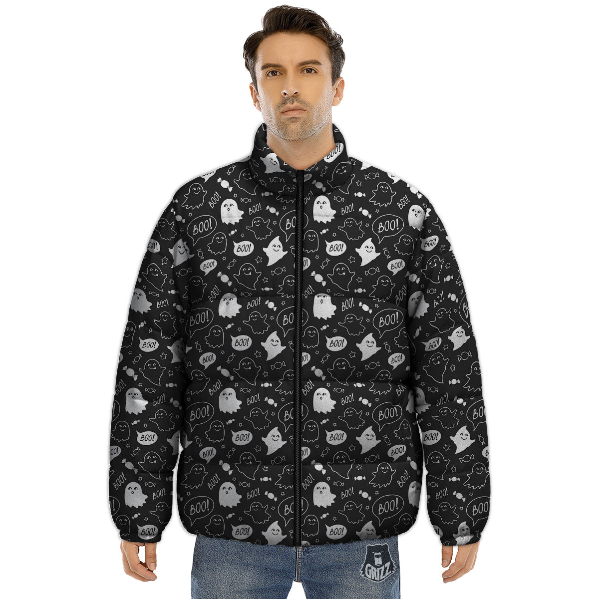Black And White Ghost Boo Print Pattern Puffer Jacket-grizzshop