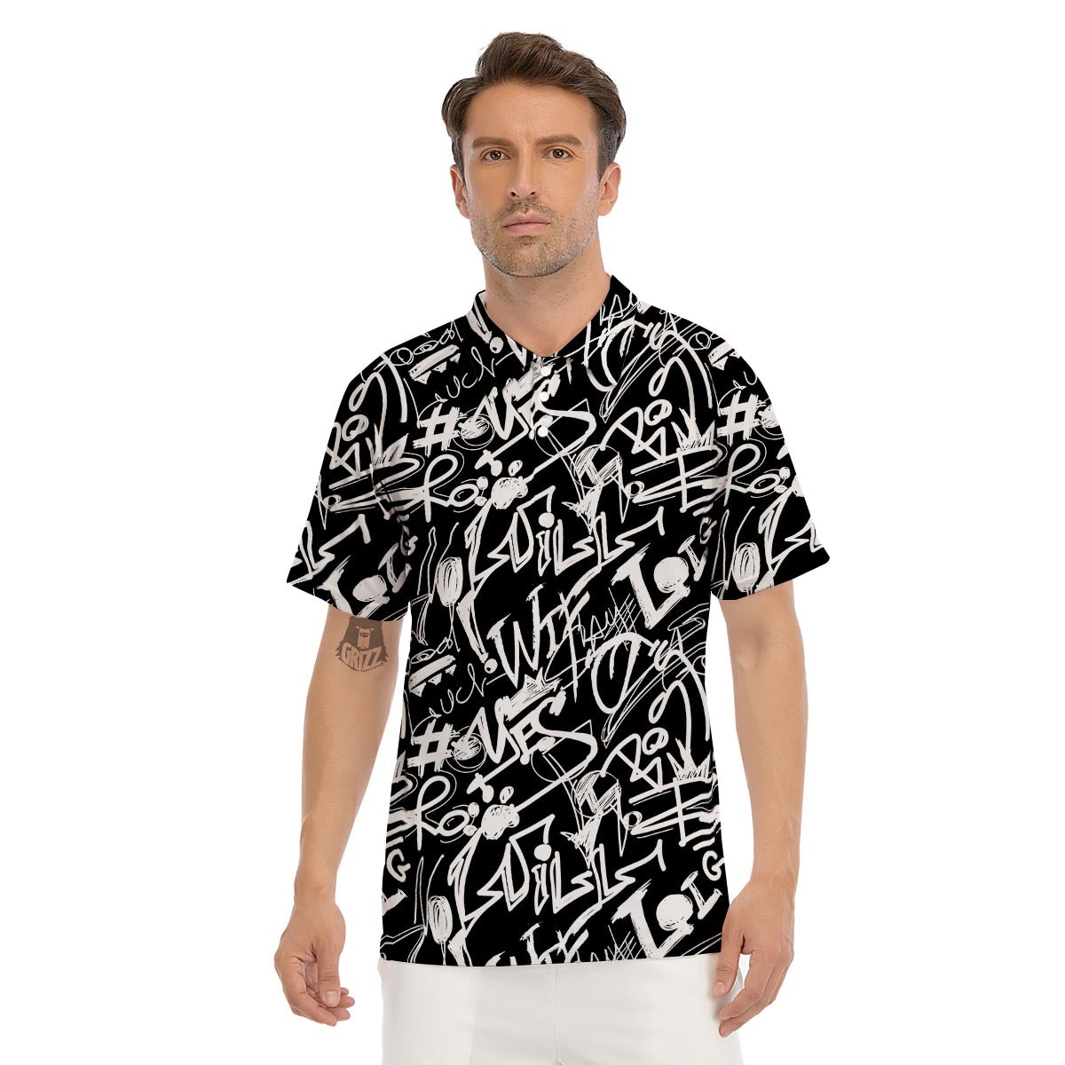 Black And White Graffiti Doodle Text Print Men's Golf Shirts-grizzshop