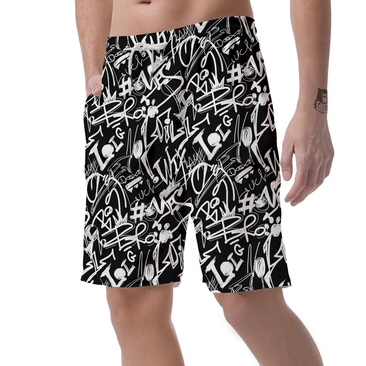 Black And White Graffiti Doodle Text Print Men's Shorts-grizzshop