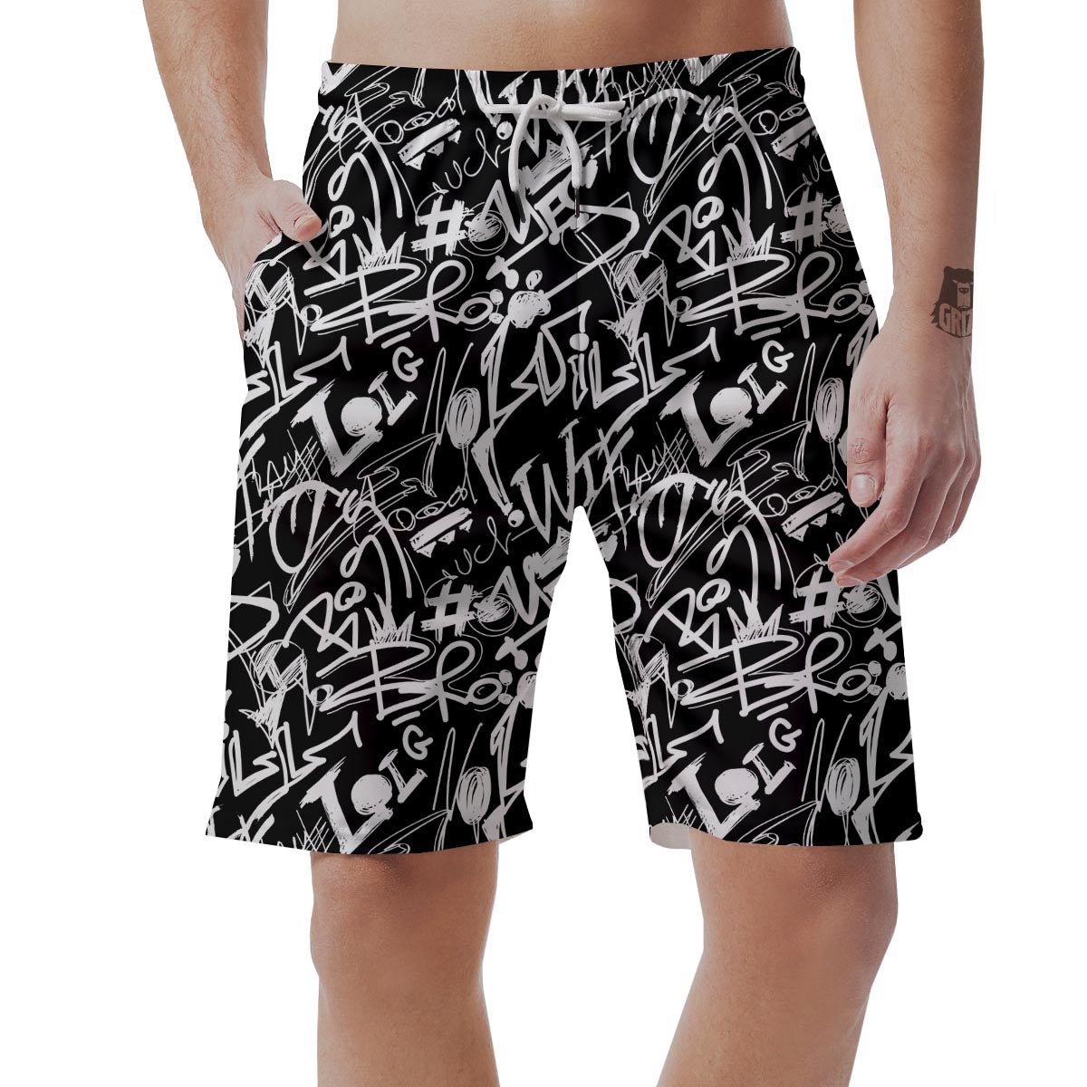 Black And White Graffiti Doodle Text Print Men's Shorts-grizzshop