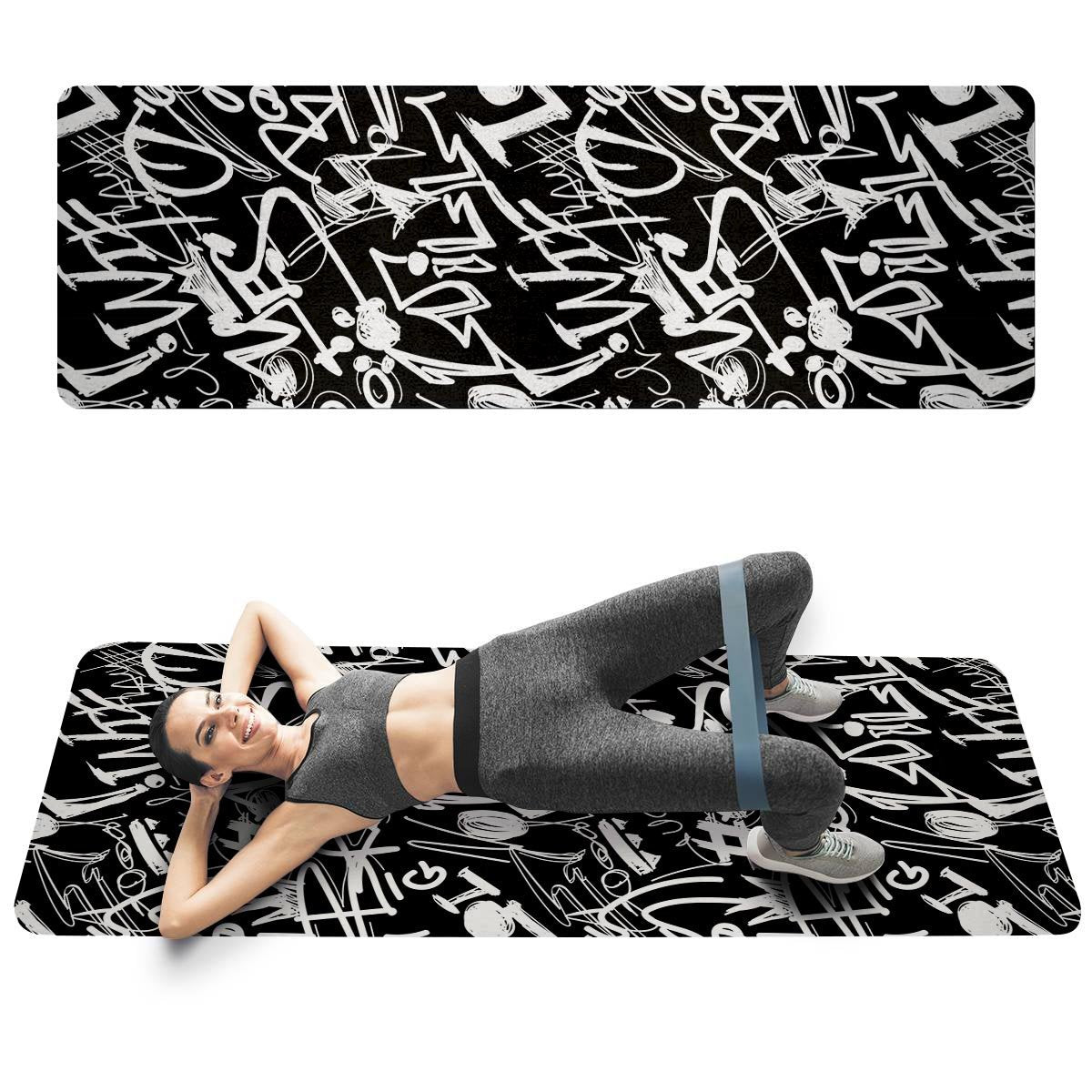 Black And White Graffiti Doodle Text Print Thin Yoga Mat-grizzshop