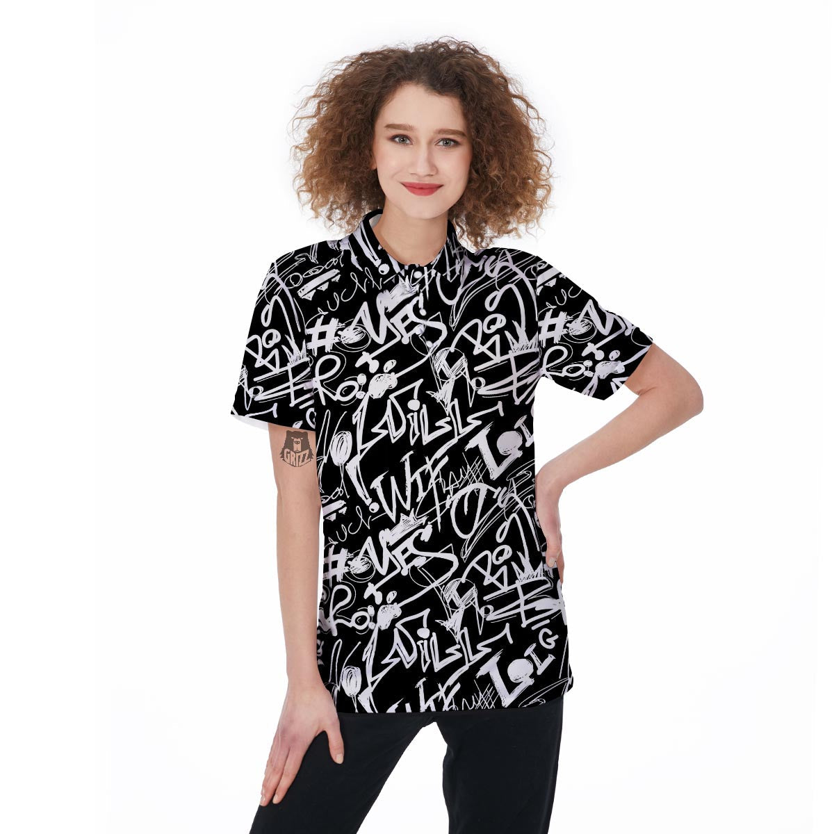 Black And White Graffiti Doodle Text Print Women's Golf Shirts-grizzshop