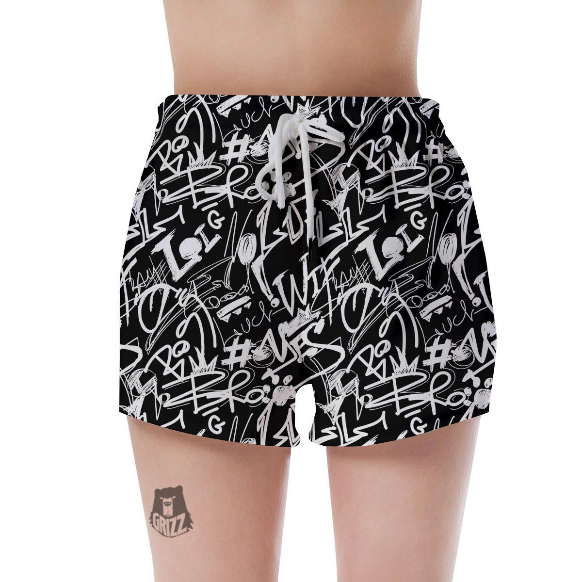 Black And White Graffiti Doodle Text Print Women's Shorts-grizzshop