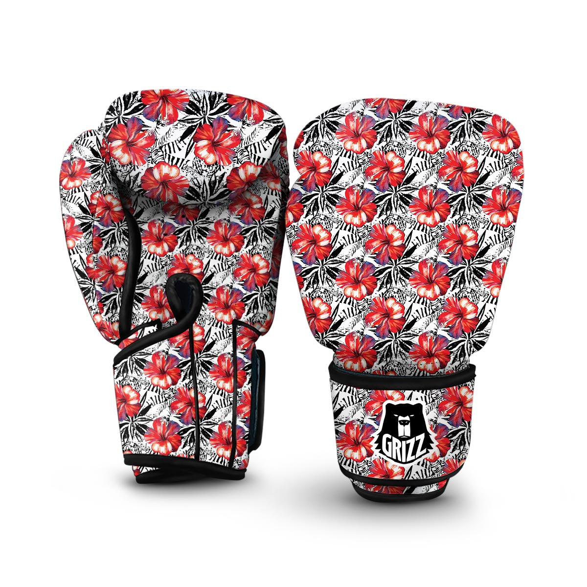 Black And White Hibiscus Boxing Gloves-grizzshop