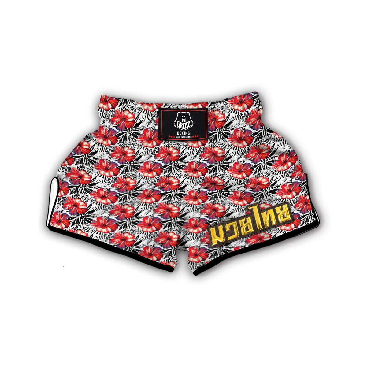 Black And White Hibiscus Muay Thai Boxing Shorts-grizzshop