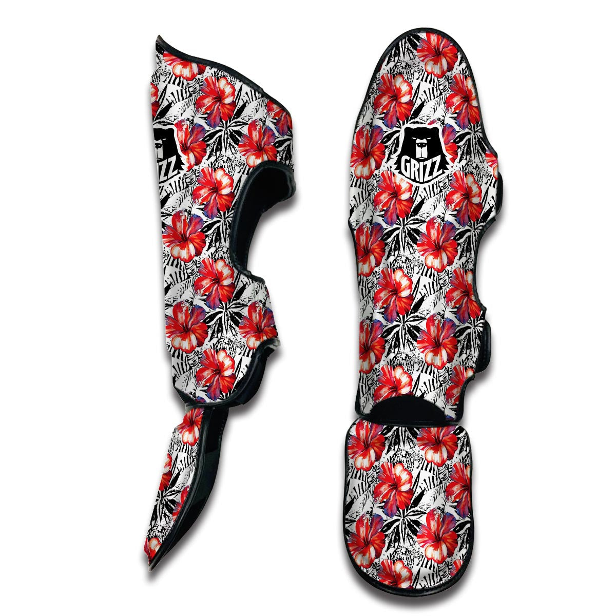 Black And White Hibiscus Muay Thai Shin Guards-grizzshop