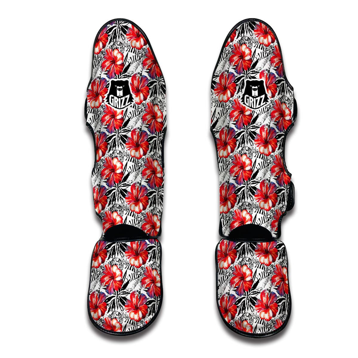 Black And White Hibiscus Muay Thai Shin Guards-grizzshop