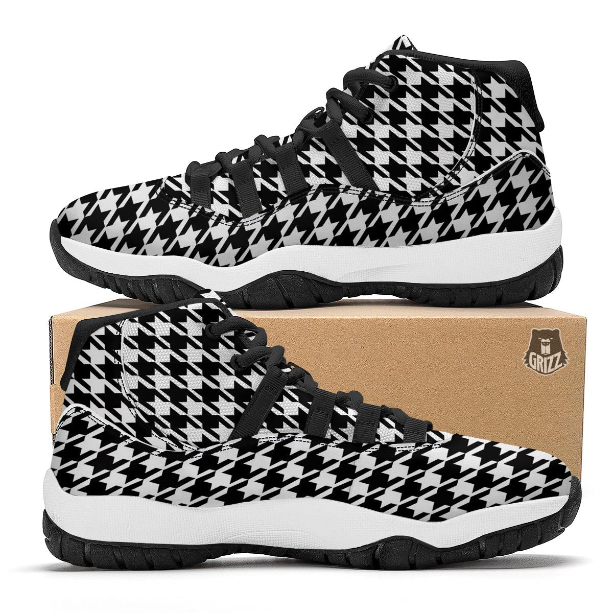 Black And White Houndstooth Black Bball Shoes-grizzshop