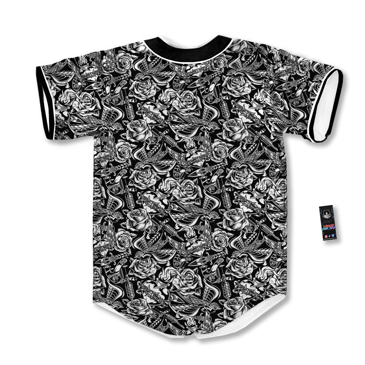 Black And White Oldschool Tattoo Print Pattern Baseball Jersey-grizzshop