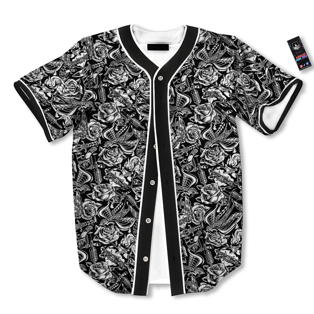 Black And White Oldschool Tattoo Print Pattern Baseball Jersey-grizzshop