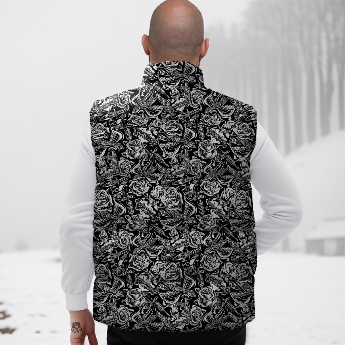 Black And White Oldschool Tattoo Print Pattern Down Vest