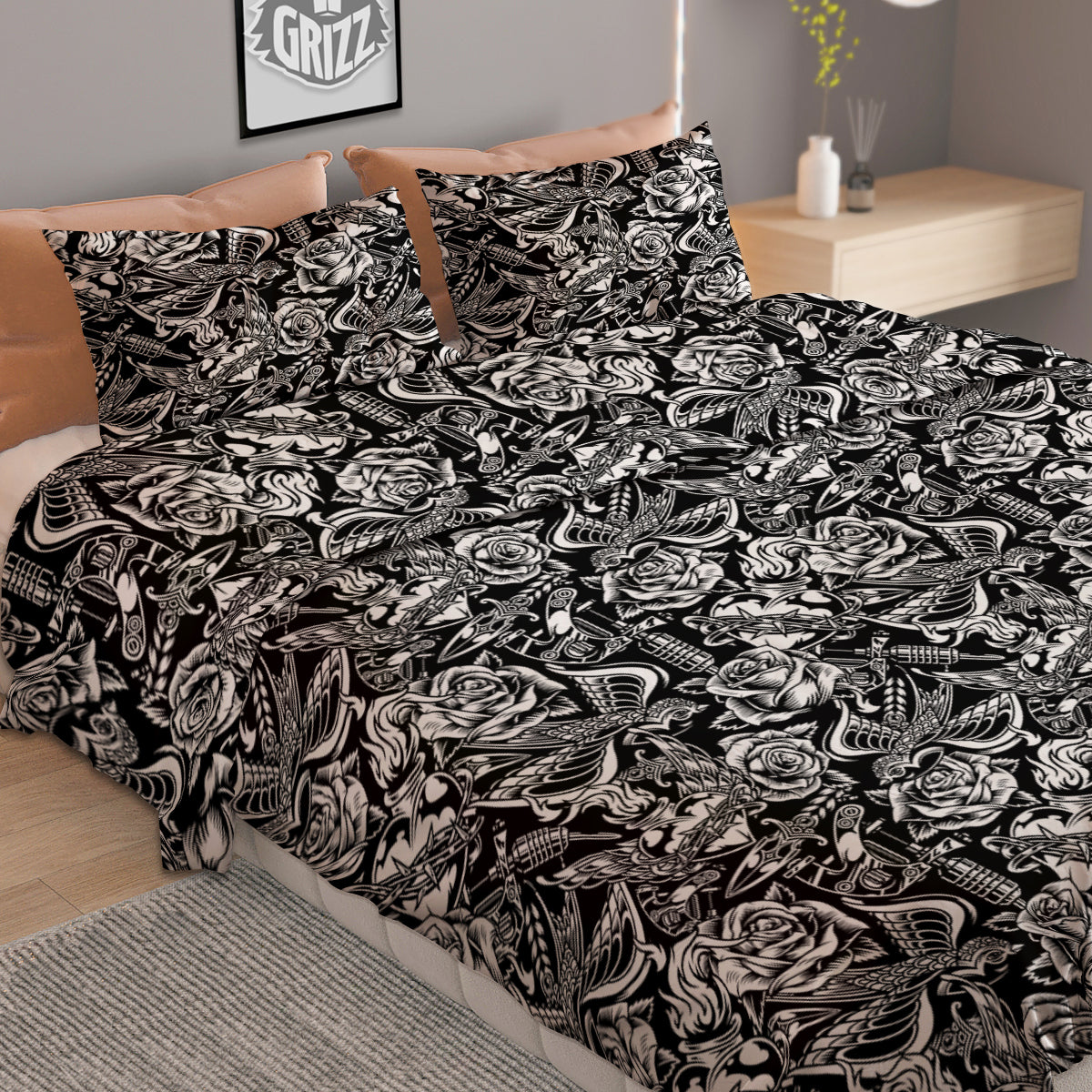 Black And White Oldschool Tattoo Print Pattern Duvet Cover Bedding Set