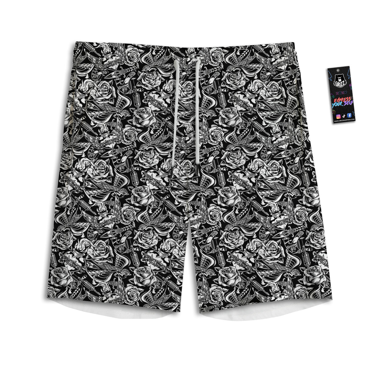 Black And White Oldschool Tattoo Print Pattern Men's Athletic Shorts
