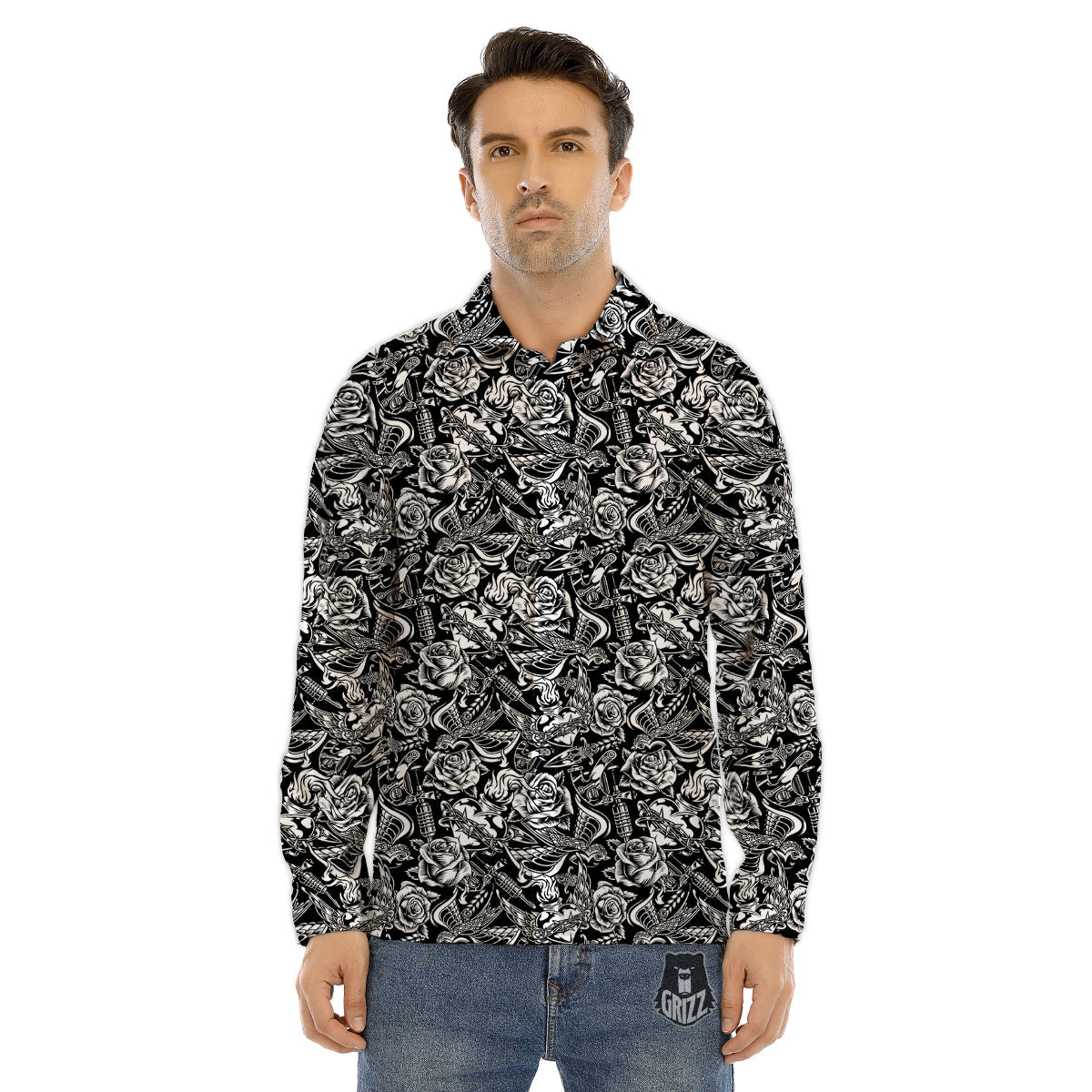 Black And White Oldschool Tattoo Print Pattern Men's Dress Shirts-grizzshop