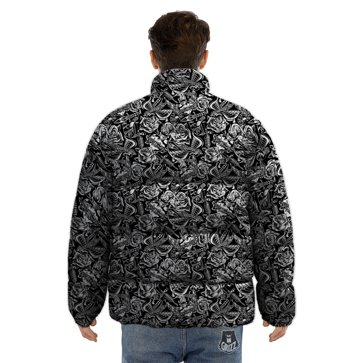 Black And White Oldschool Tattoo Print Pattern Puffer Jacket-grizzshop