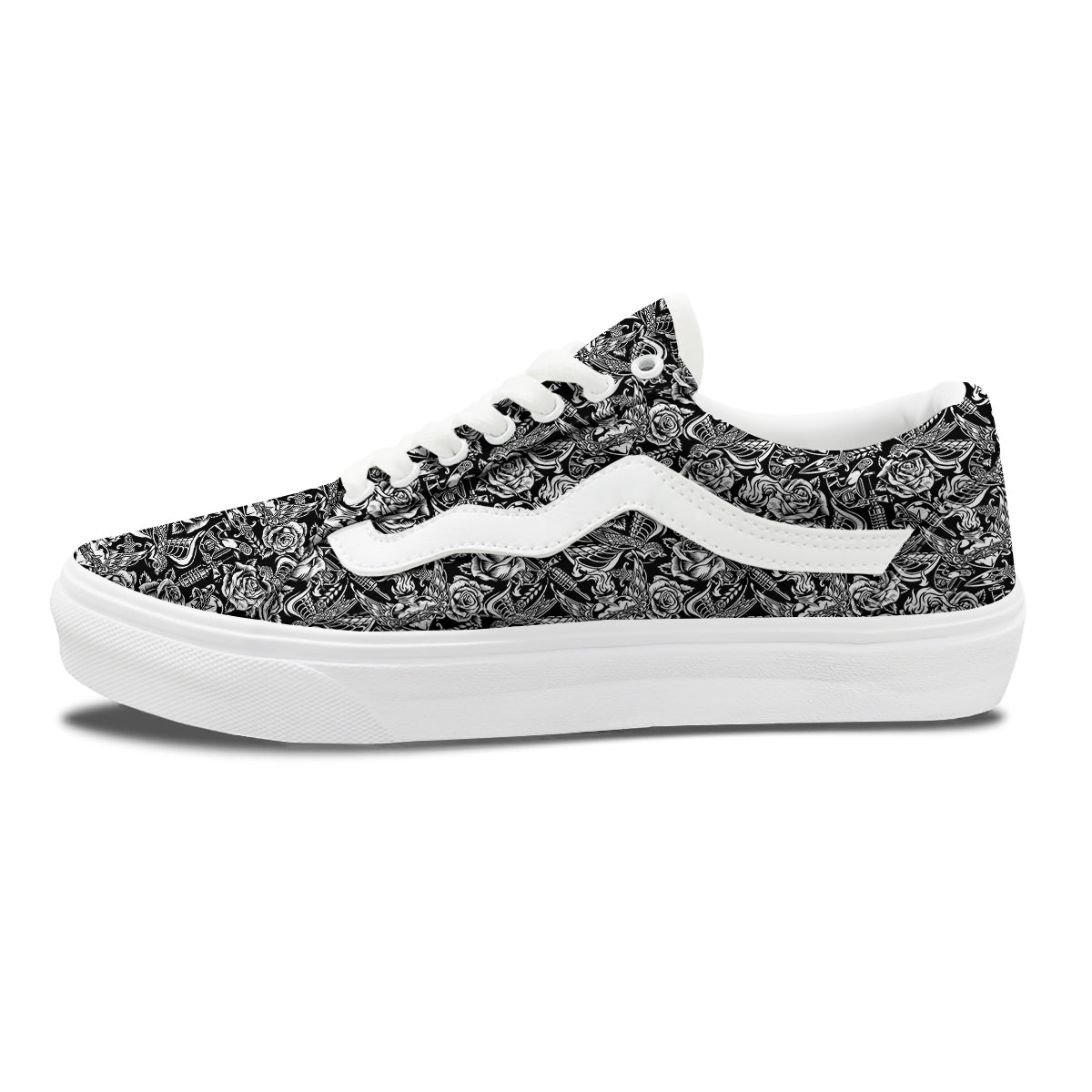 Black And White Oldschool Tattoo Print Pattern Skate Shoes-grizzshop