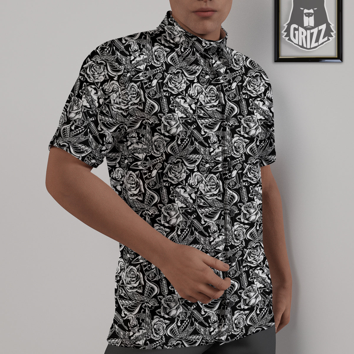 Black And White Oldschool Tattoo Print Pattern Untucked Shirts-grizzshop