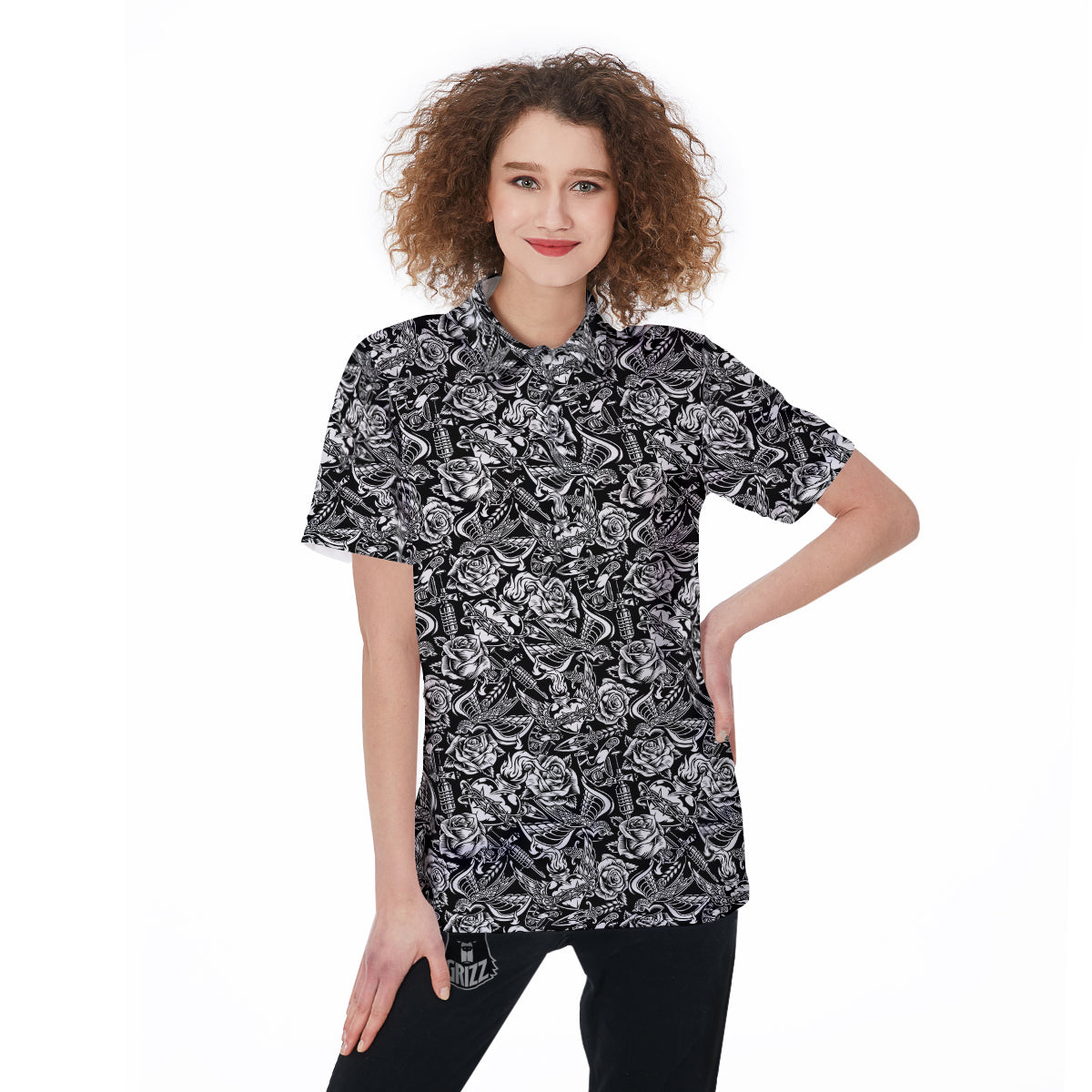 Black And White Oldschool Tattoo Print Pattern Women's Golf Shirts-grizzshop