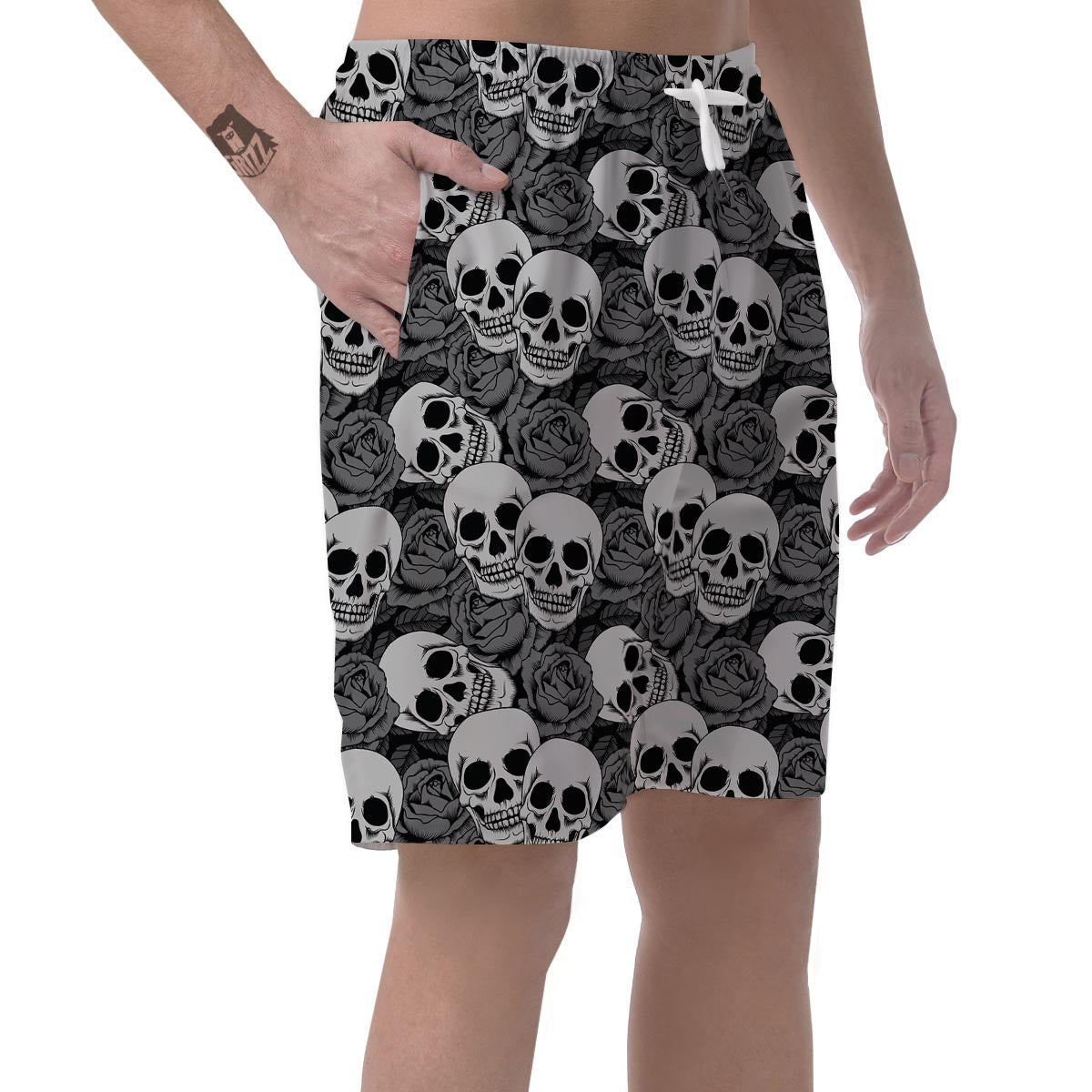 Black And White Rose Floral Skull Men's Shorts-grizzshop