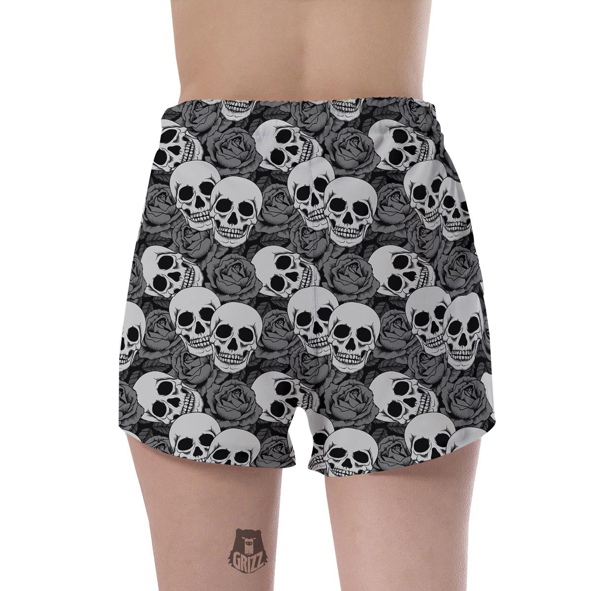 Black And White Rose Floral Skull Women's Shorts-grizzshop