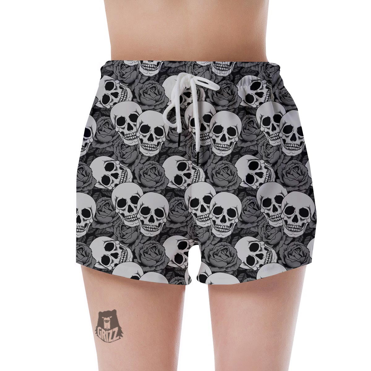 Black And White Rose Floral Skull Women's Shorts-grizzshop