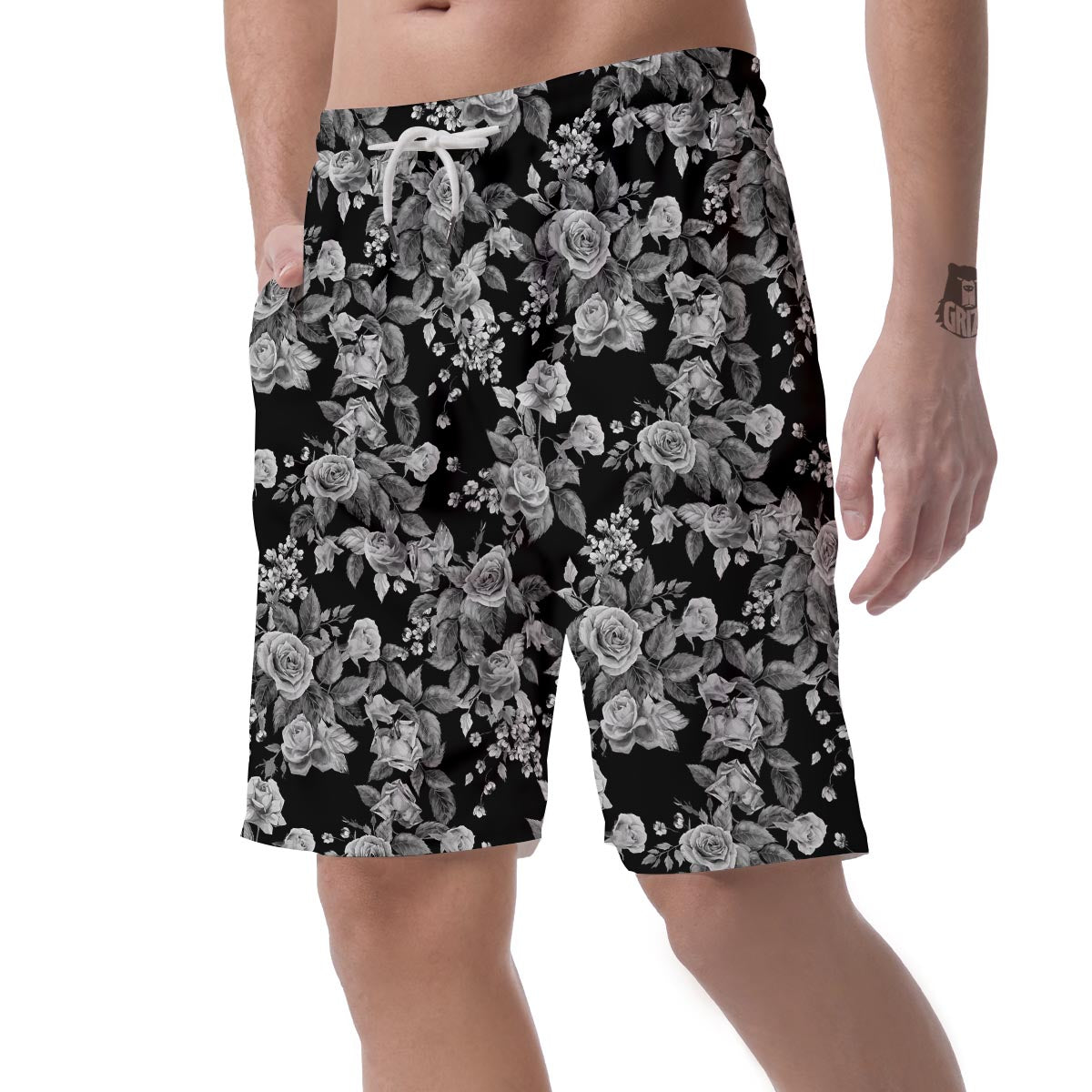 Black And White Rose Flower Men's Shorts-grizzshop