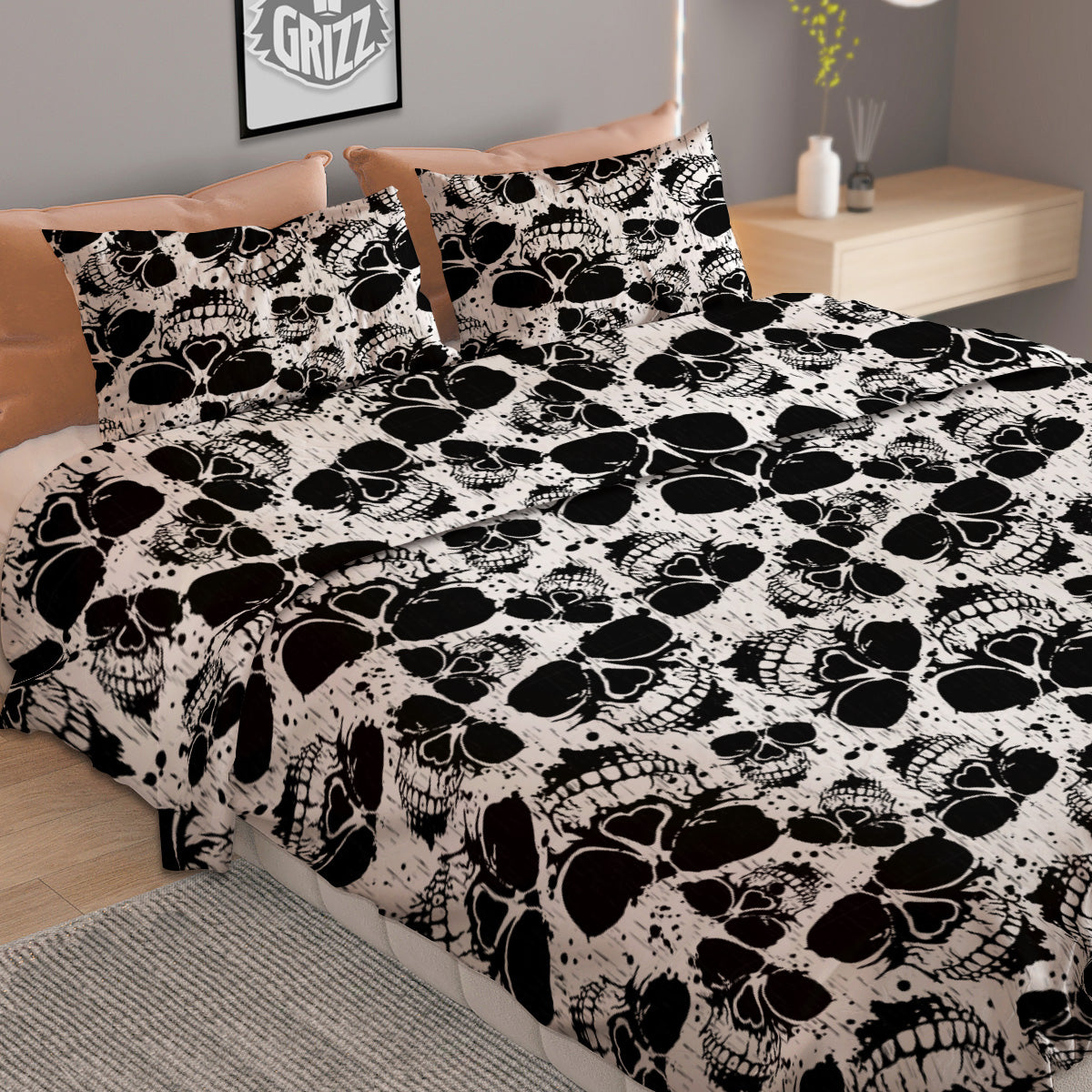 Black And White Skull Grunge Print Pattern Duvet Cover Bedding Set