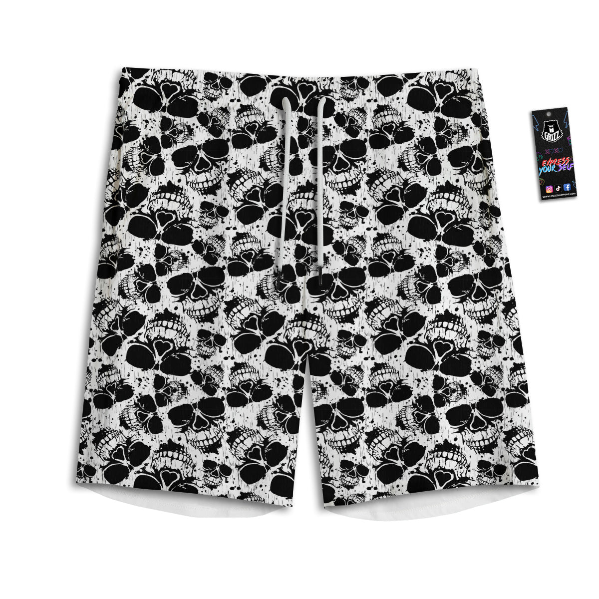 Black And White Skull Grunge Print Pattern Men's Athletic Shorts
