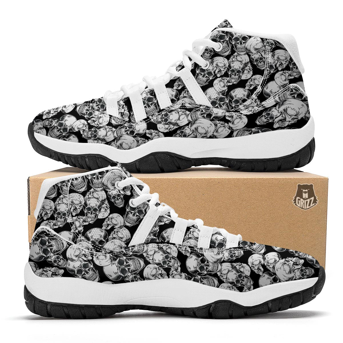 Black And White Skull White Bball Shoes-grizzshop