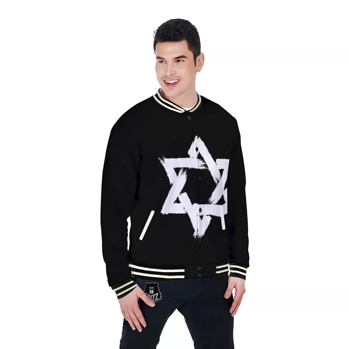 Black And White Star of David Print Baseball Jacket-grizzshop