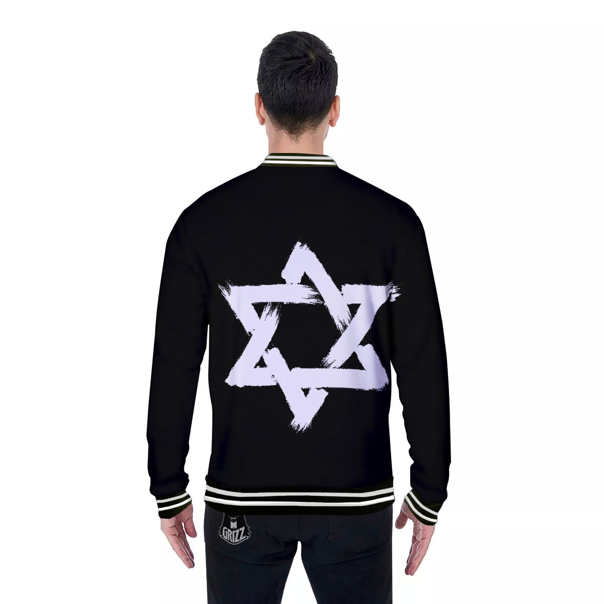 Black And White Star of David Print Baseball Jacket-grizzshop