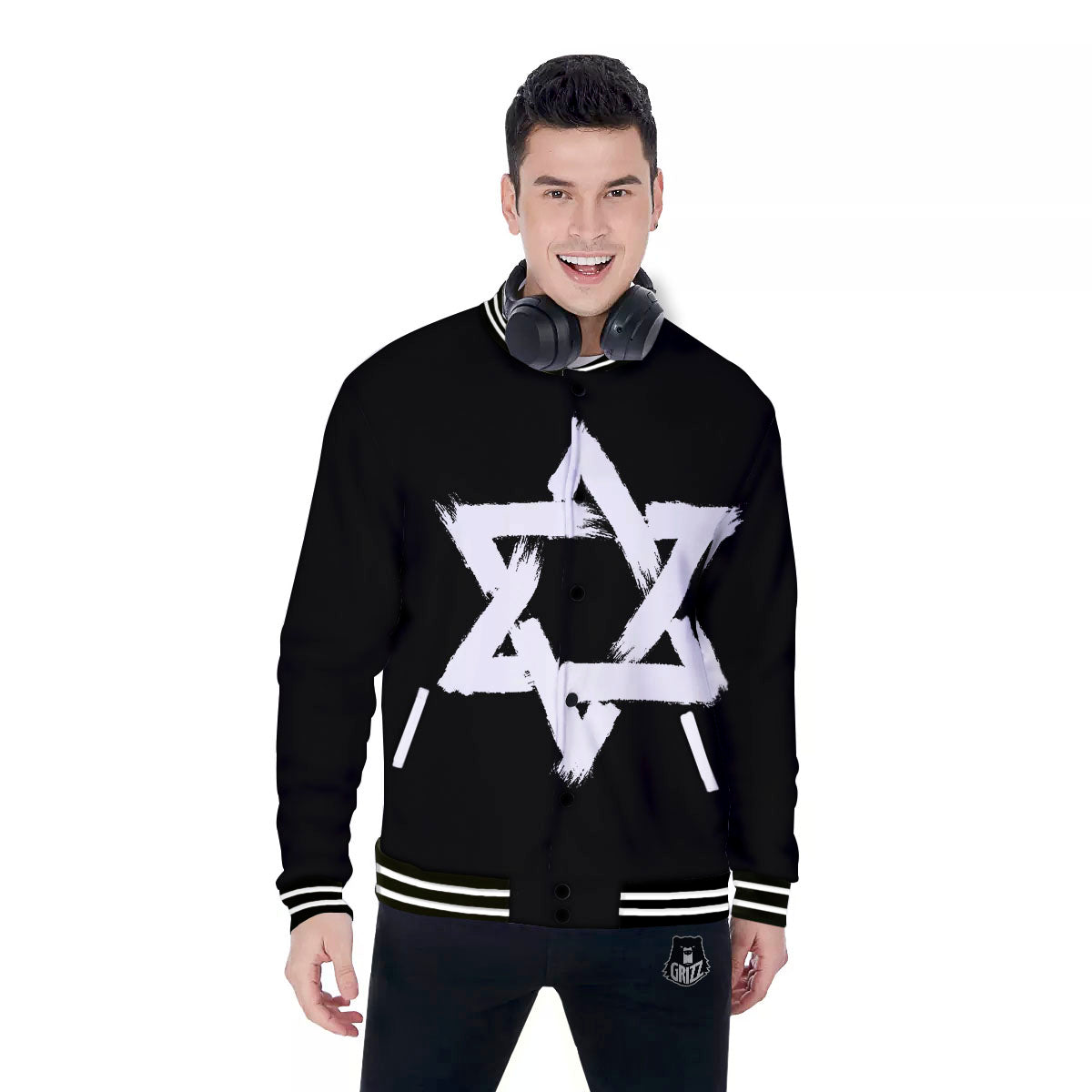 Black And White Star of David Print Baseball Jacket-grizzshop