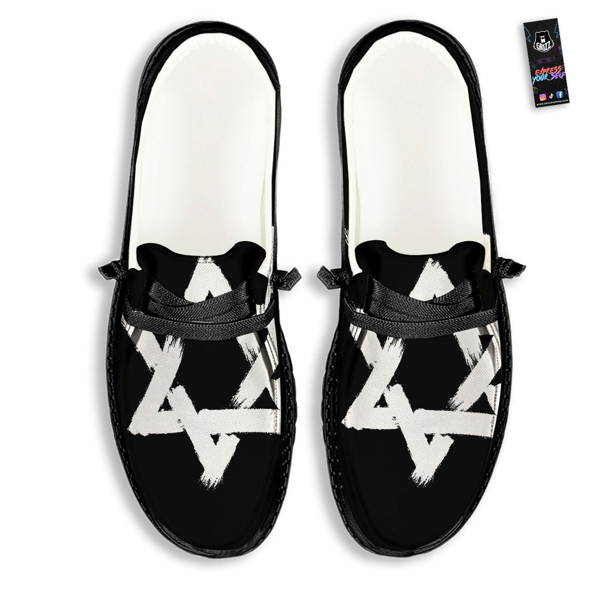 Black And White Star of David Print Black Loafers-grizzshop