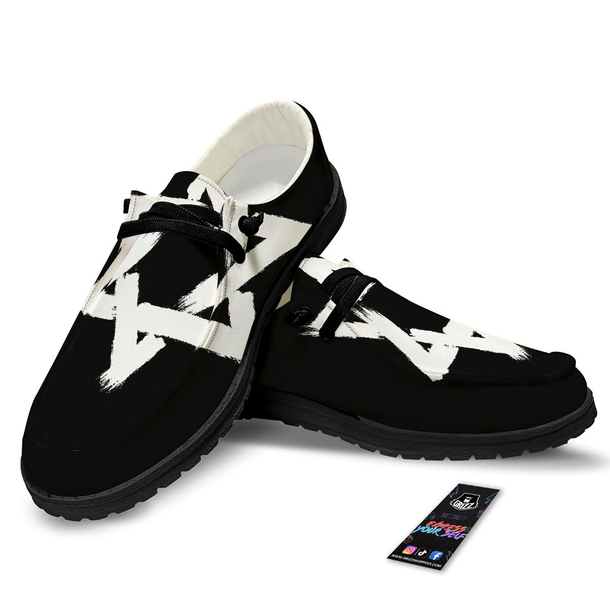 Black And White Star of David Print Black Loafers-grizzshop