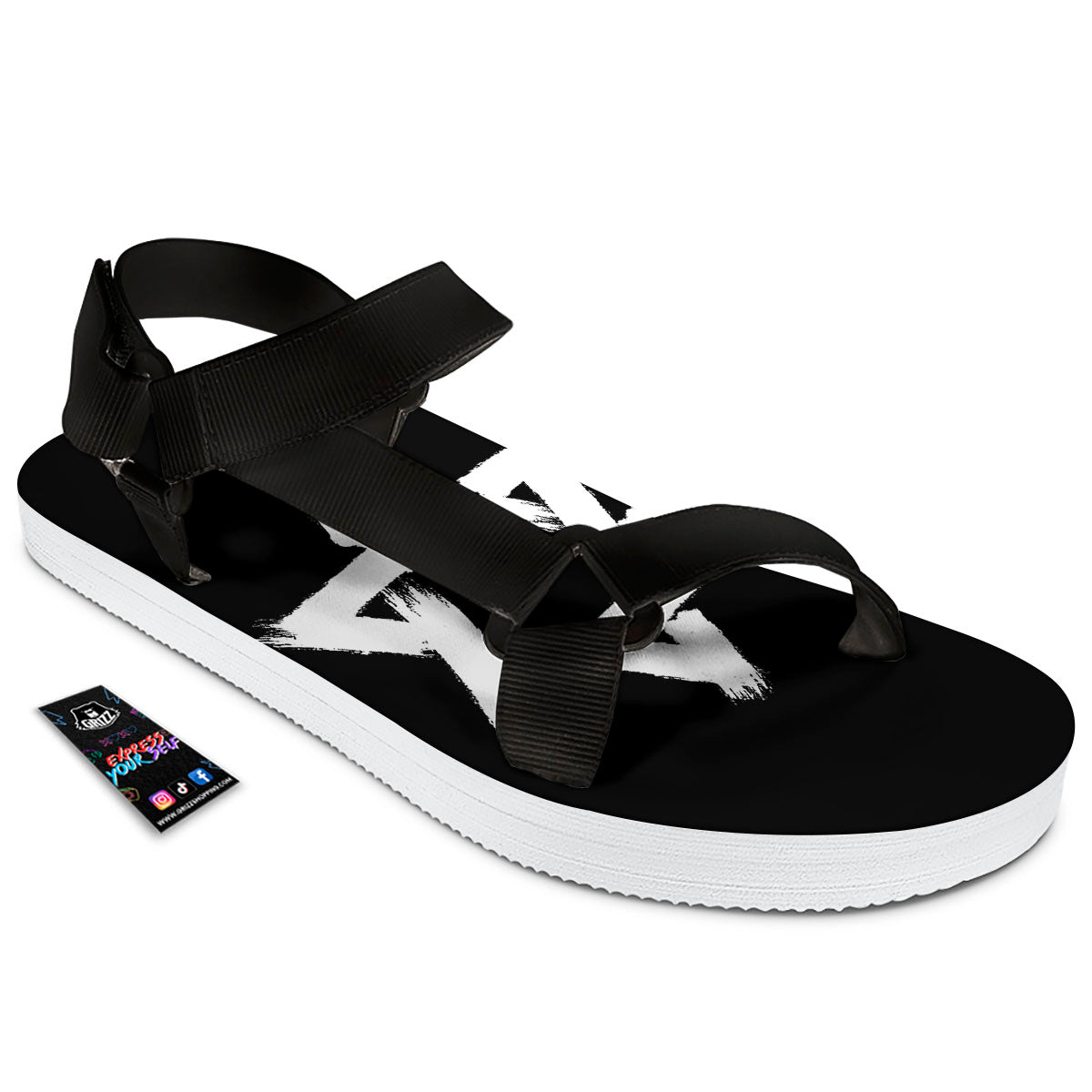 Black And White Star of David Print Black Open Toe Sandals-grizzshop