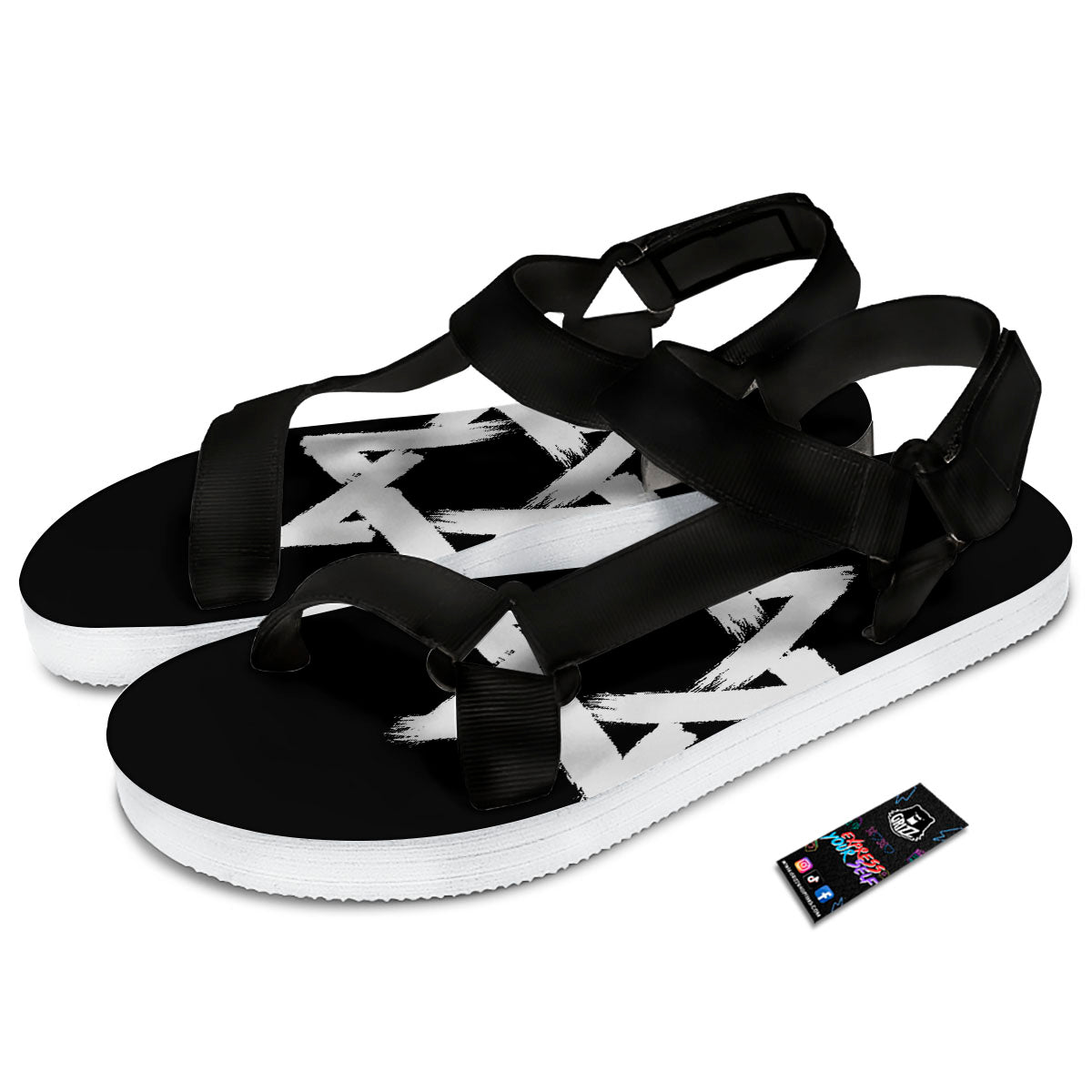 Black And White Star of David Print Black Open Toe Sandals-grizzshop