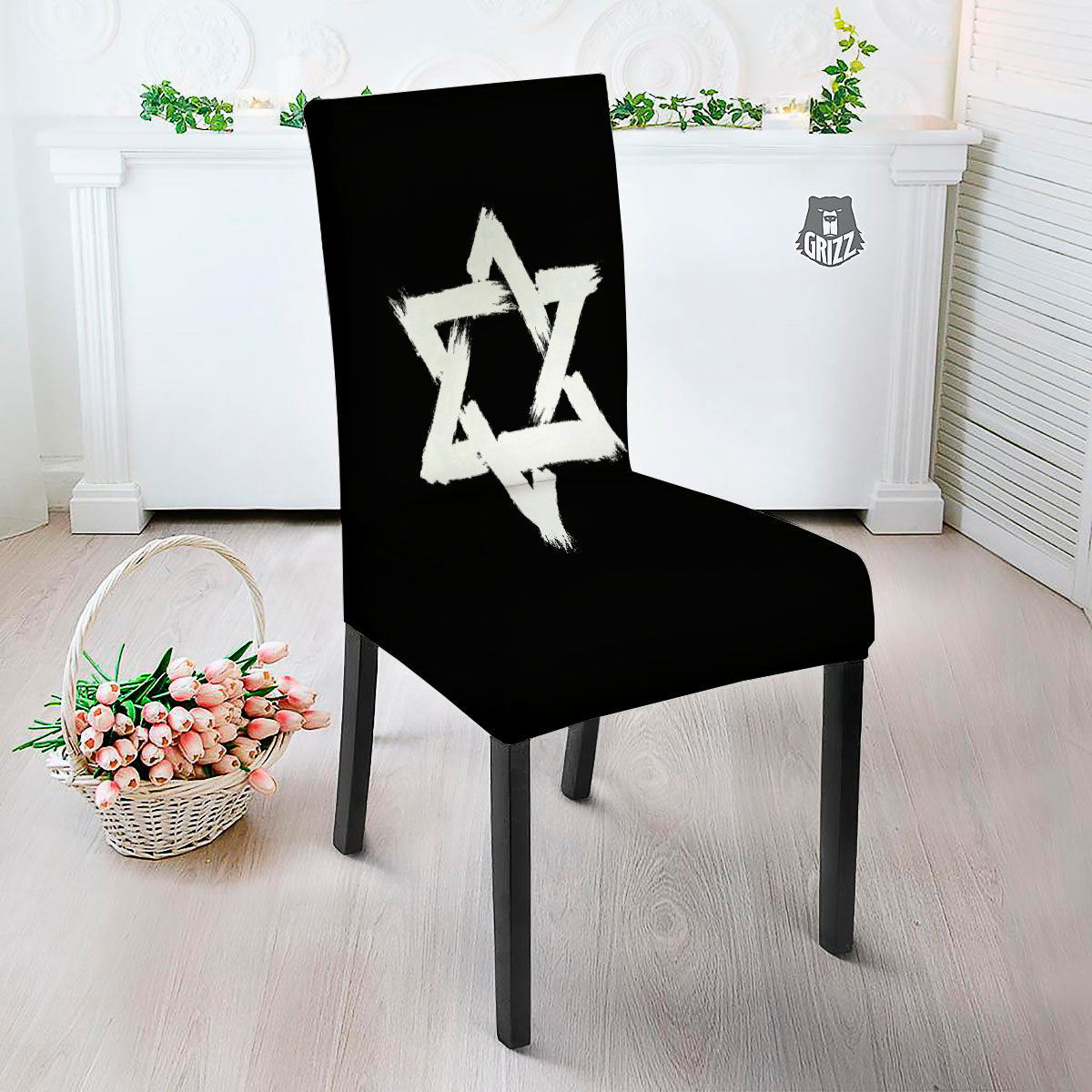 Black And White Star of David Print Dining Chair Slipcover-grizzshop