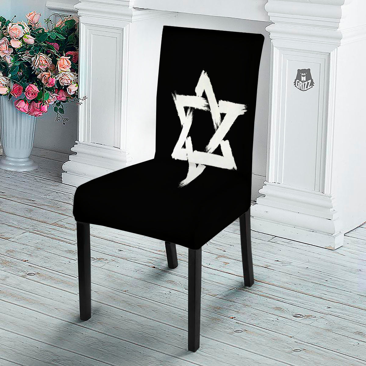 Black And White Star of David Print Dining Chair Slipcover-grizzshop
