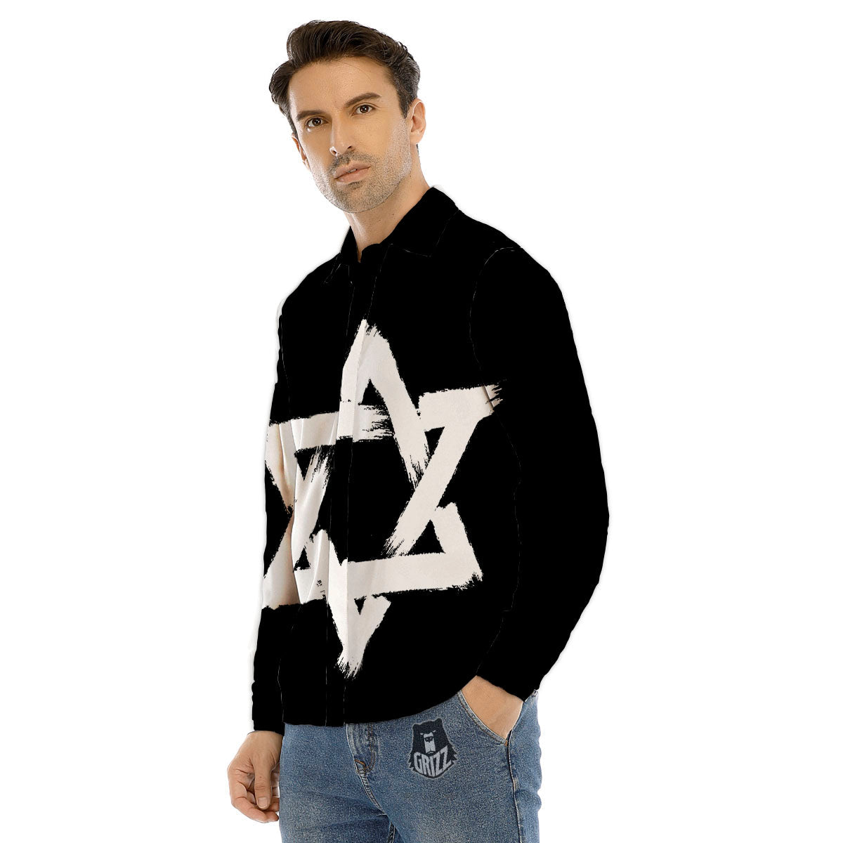 Black And White Star of David Print Men's Dress Shirts-grizzshop
