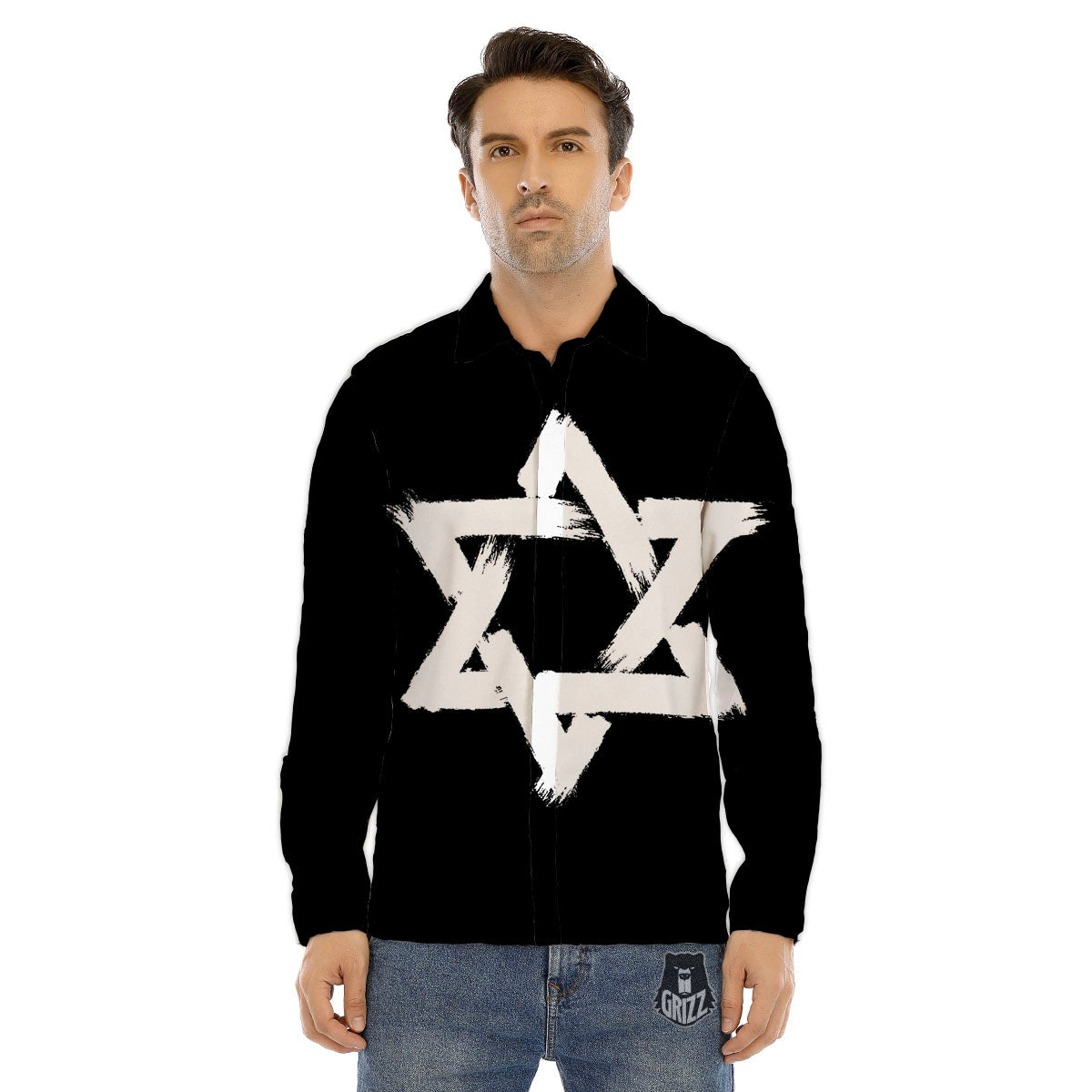 Black And White Star of David Print Men's Dress Shirts-grizzshop