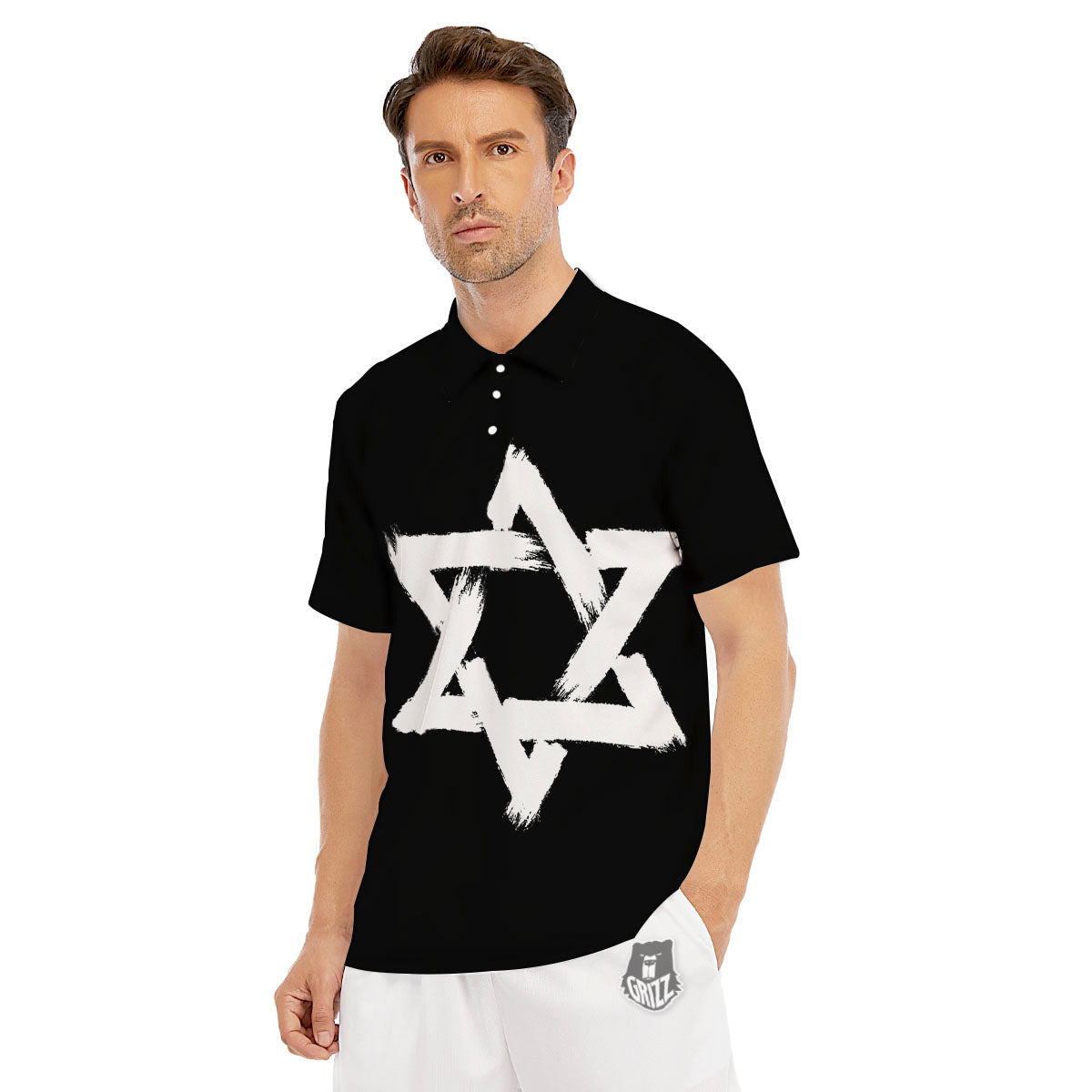 Black And White Star of David Print Men's Golf Shirts-grizzshop