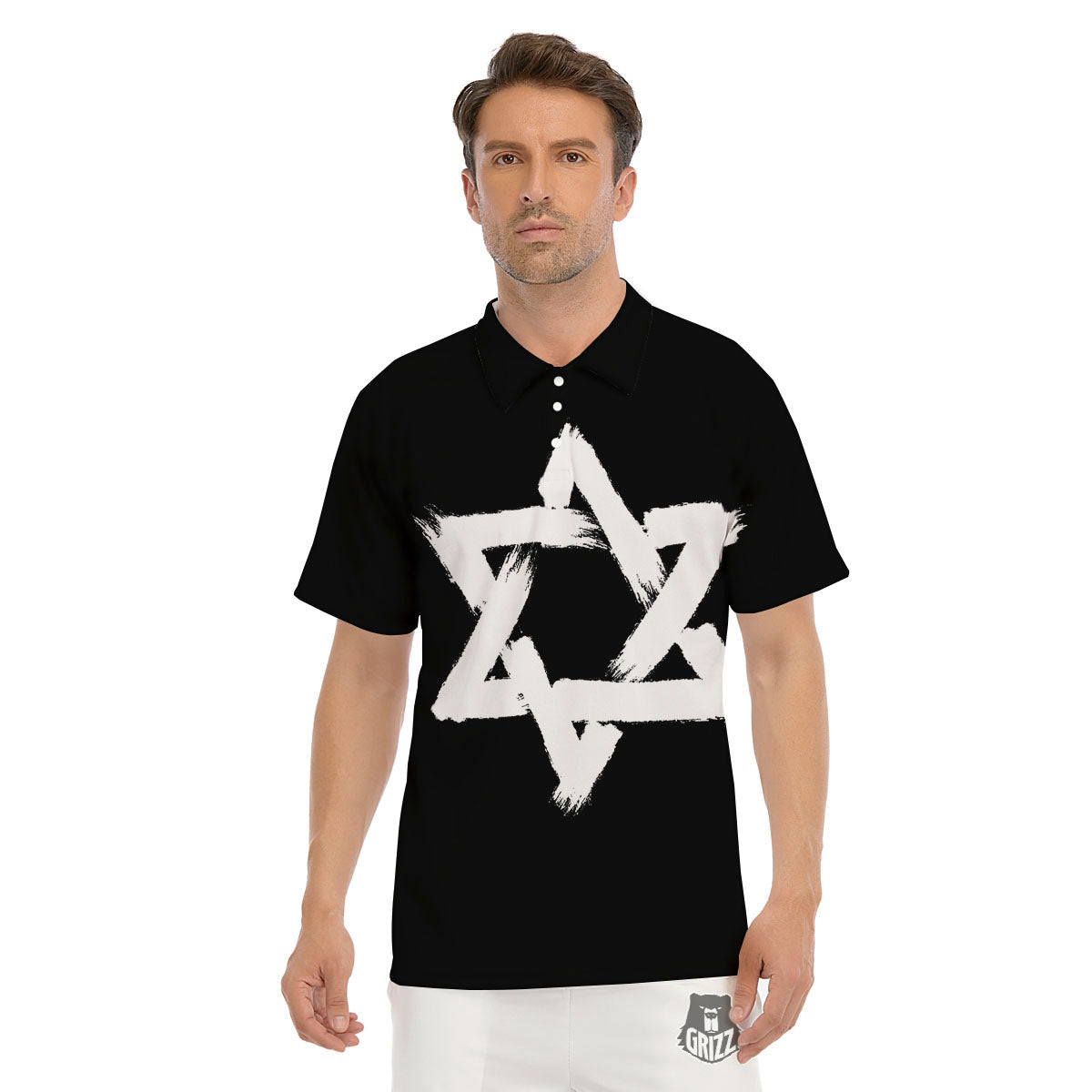Black And White Star of David Print Men's Golf Shirts-grizzshop
