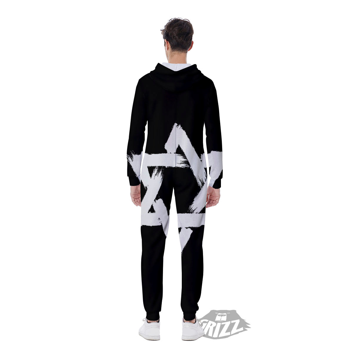 Black And White Star of David Print Men's Jumpsuit-grizzshop