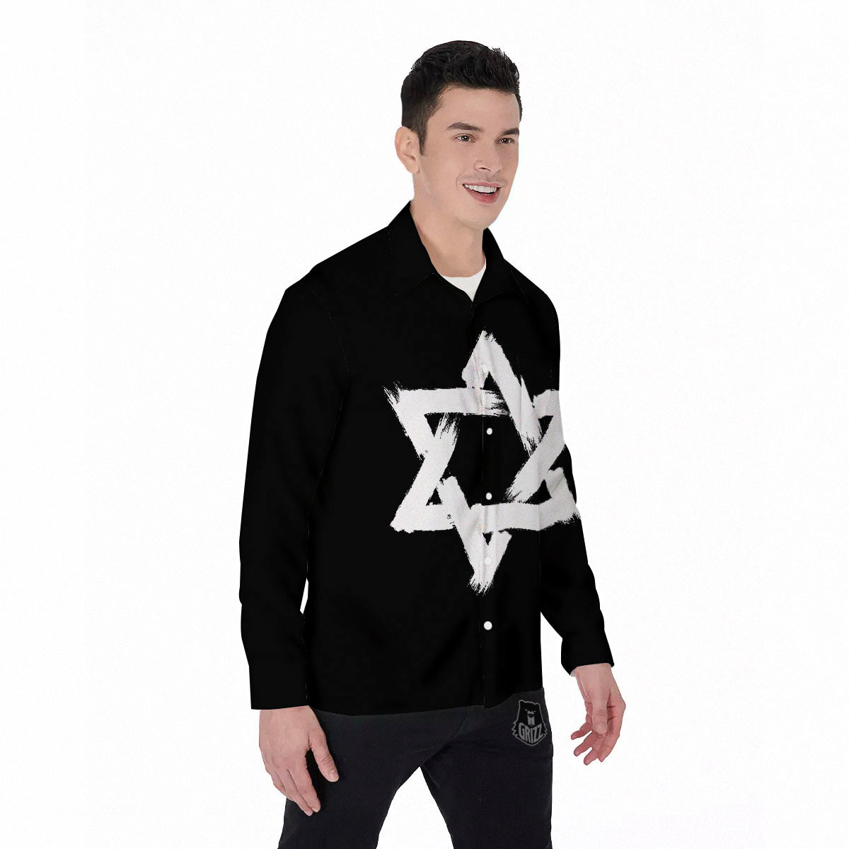 Black And White Star of David Print Men's Long Sleeve Shirts-grizzshop
