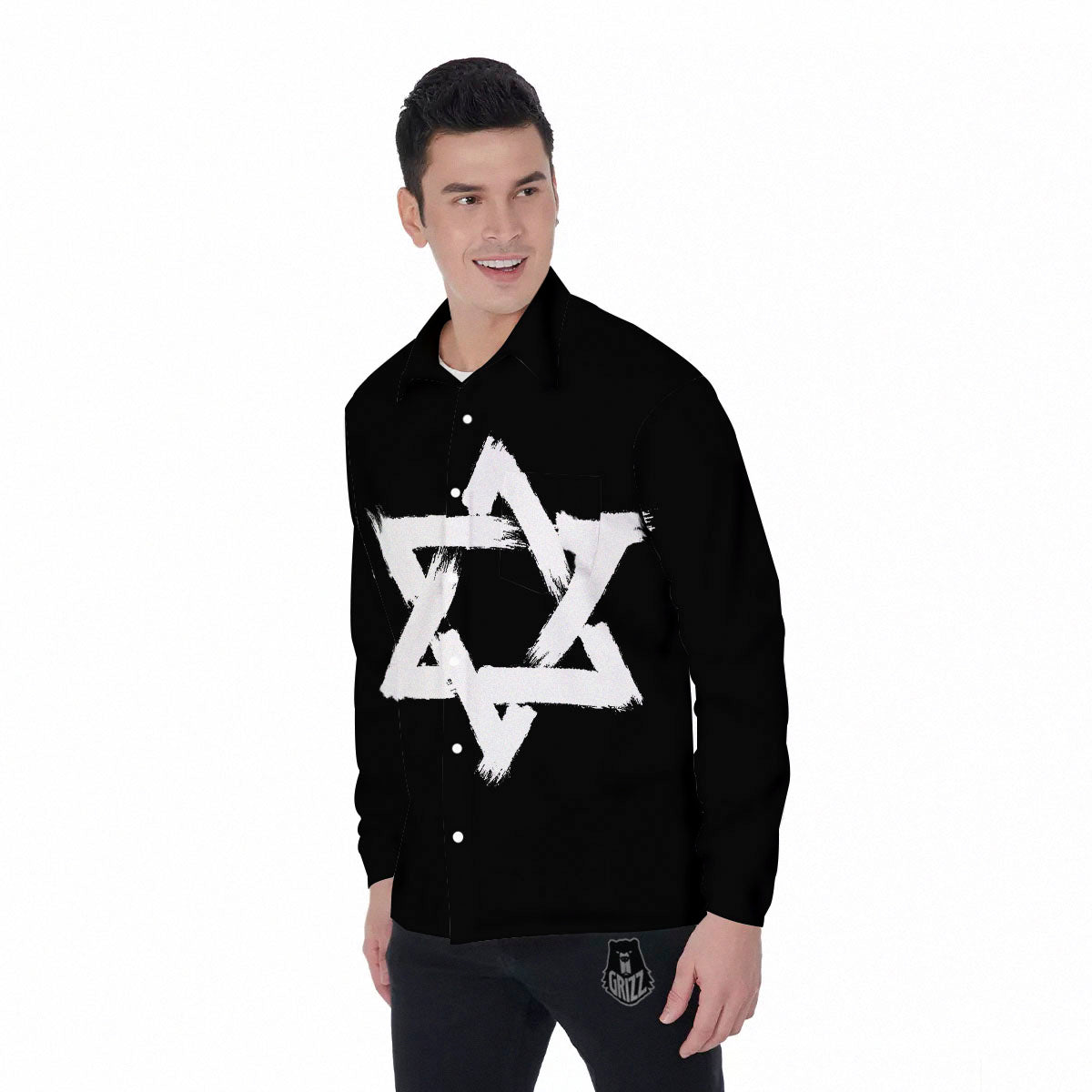 Black And White Star of David Print Men's Long Sleeve Shirts-grizzshop